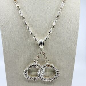 Silver Tone Interlocking Double Oval Pendant Necklace Rhinestone Minimalist Boho
